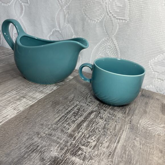 Mervyns Japan Gravy Boat Dish Teal Blue & Small Cup Mug Vintage - Picture 3 of 16